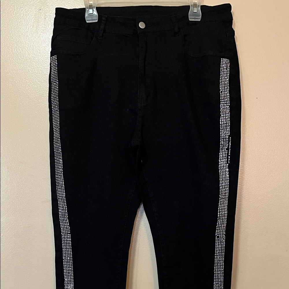 SHEIN Black Skinny Jeans with Rhinestone Side Stripes